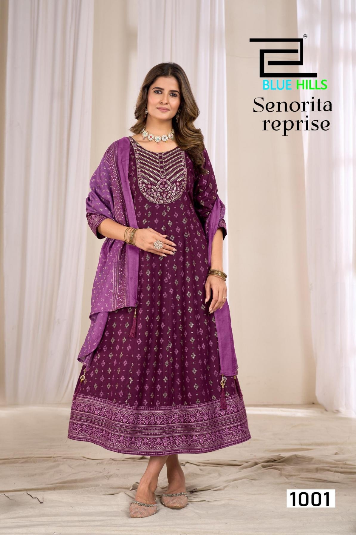blue hills senorita reprise series 1001 to 1006 anarkali rayon readymade big size suit in wholesale surat