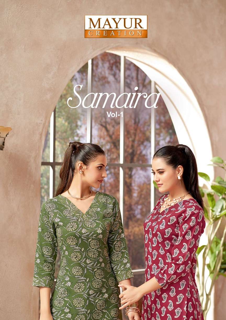 Mayur Samaira Vol-1 series 1001 to 1010 Heavy 14 Kg. Rayon Printed With Neck Work Long Cord Sets in wholesale surat