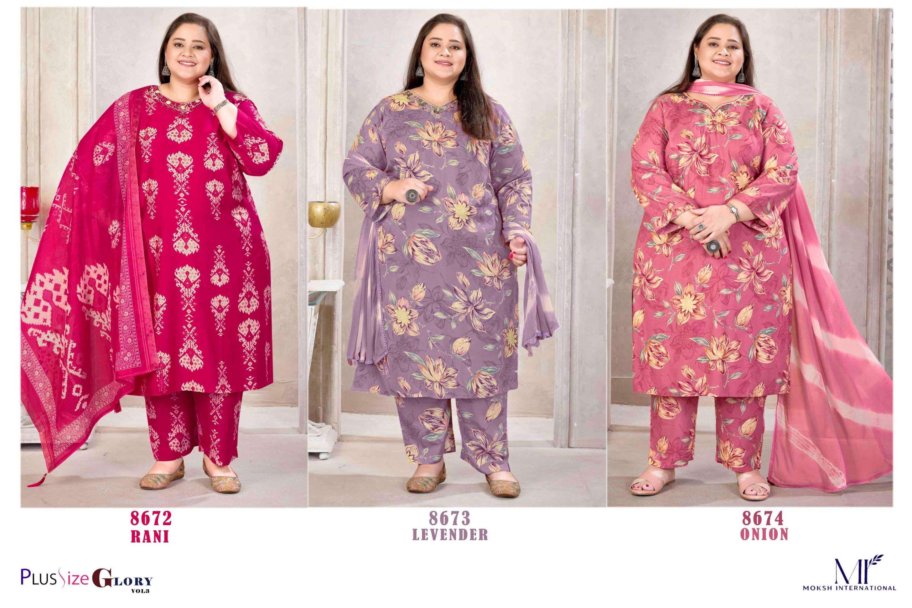 MOKSH PLUS SIZE GLORY VOL-3 series 8672 to 8674 suit in wholesale surat