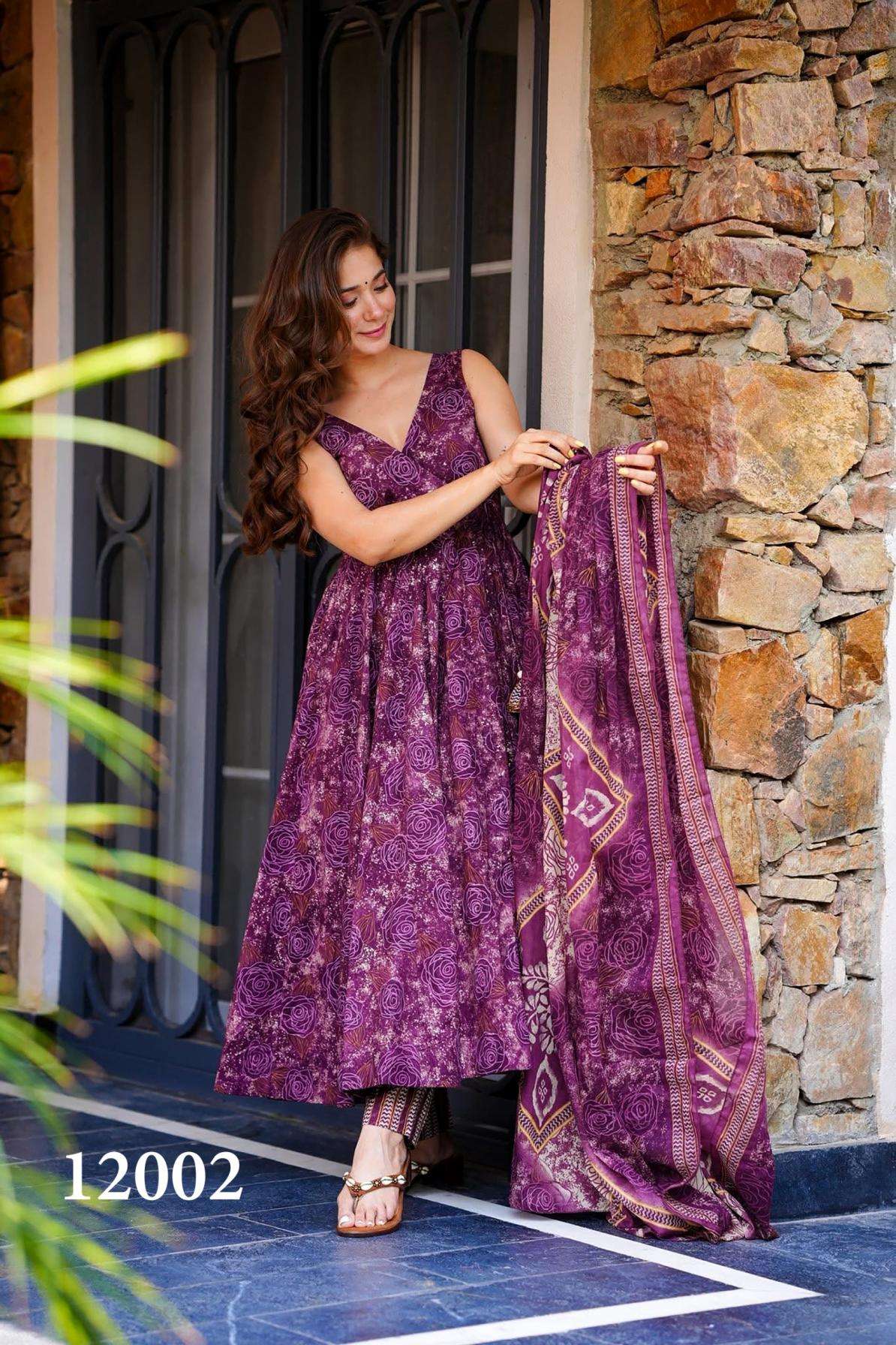 pr clora vol 12 series 12001 to 12007 readymade muslin beautiful printed plus size gown in wholesale surat