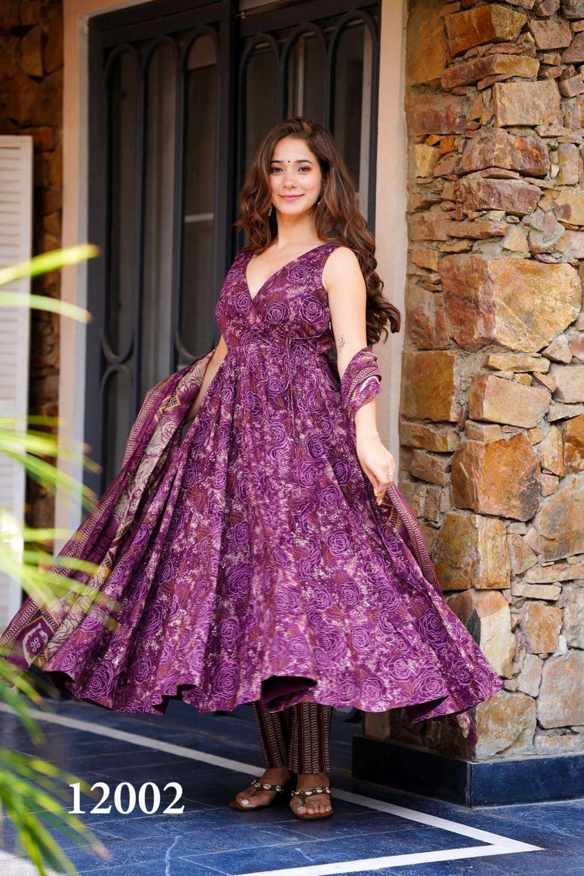 pr clora vol 12 series 12001 to 12007 readymade muslin beautiful printed plus size gown in wholesale surat