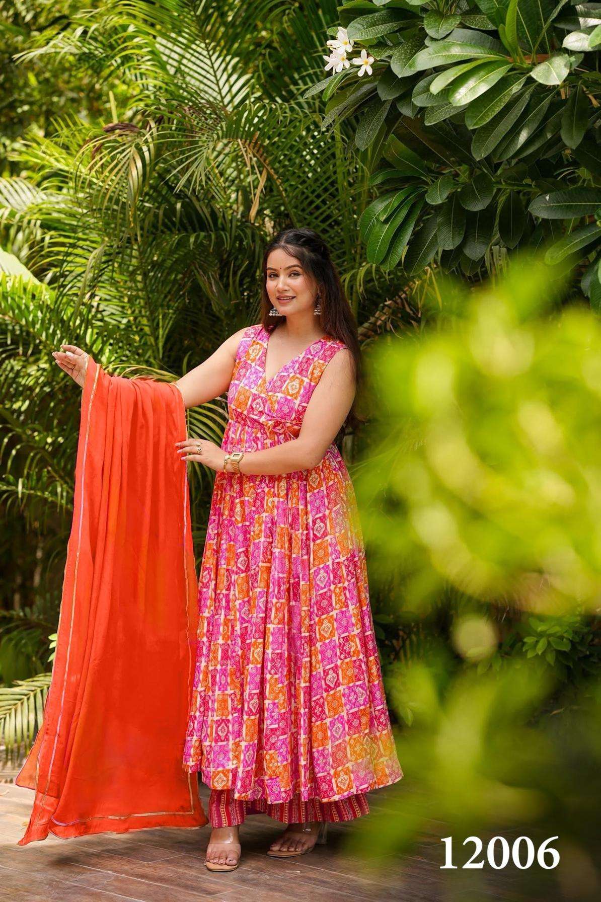 pr clora vol 12 series 12001 to 12007 readymade muslin beautiful printed plus size gown in wholesale surat