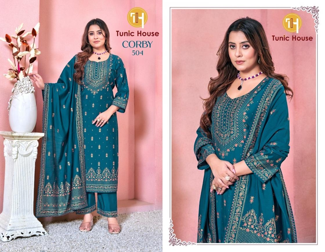 TUNIC HOUSE CORBY FOIL PRINT FANCY 3 SERIES 504 To 507 PCS COMBO SET SUIT IN WHOLESALE SURAT