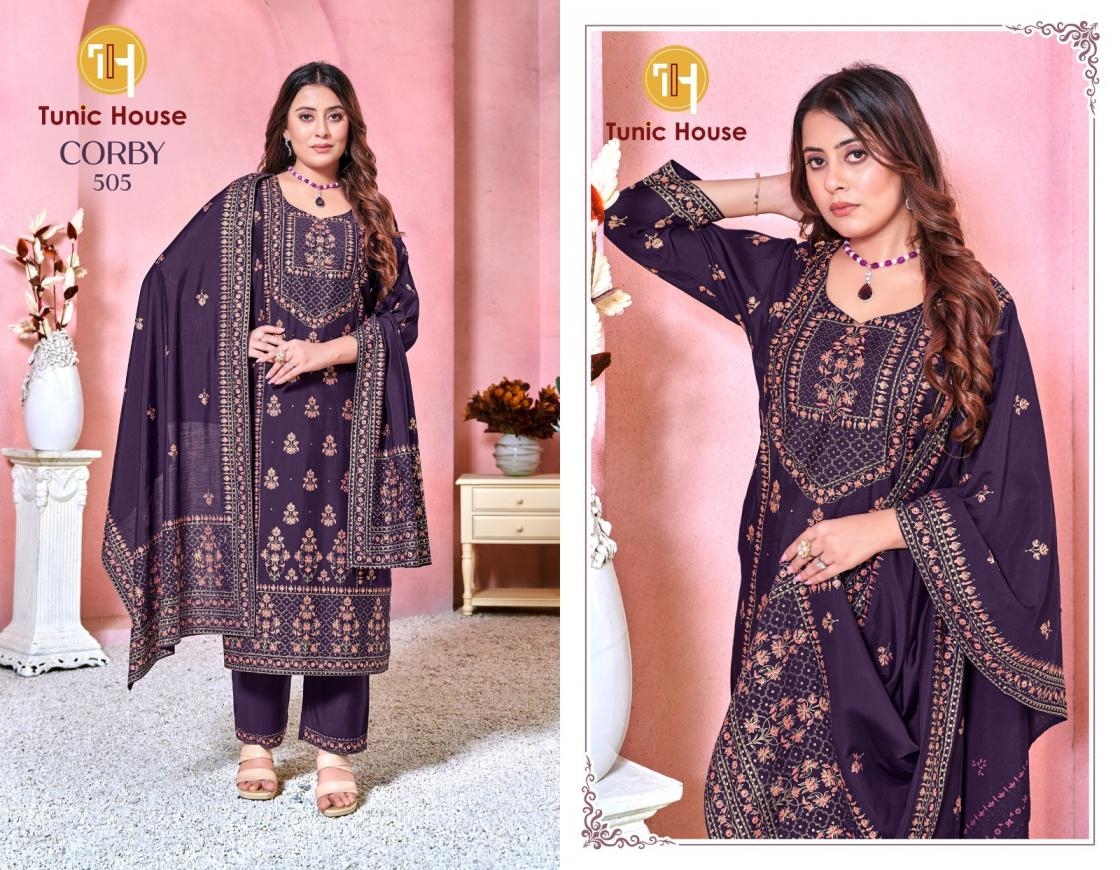 TUNIC HOUSE CORBY FOIL PRINT FANCY 3 SERIES 504 To 507 PCS COMBO SET SUIT IN WHOLESALE SURAT