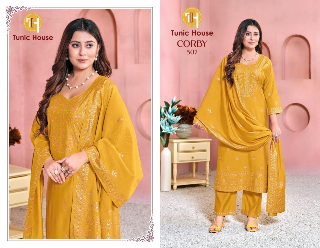 TUNIC HOUSE CORBY FOIL PRINT FANCY 3 SERIES 504 To 507 PCS COMBO SET SUIT IN WHOLESALE SURAT