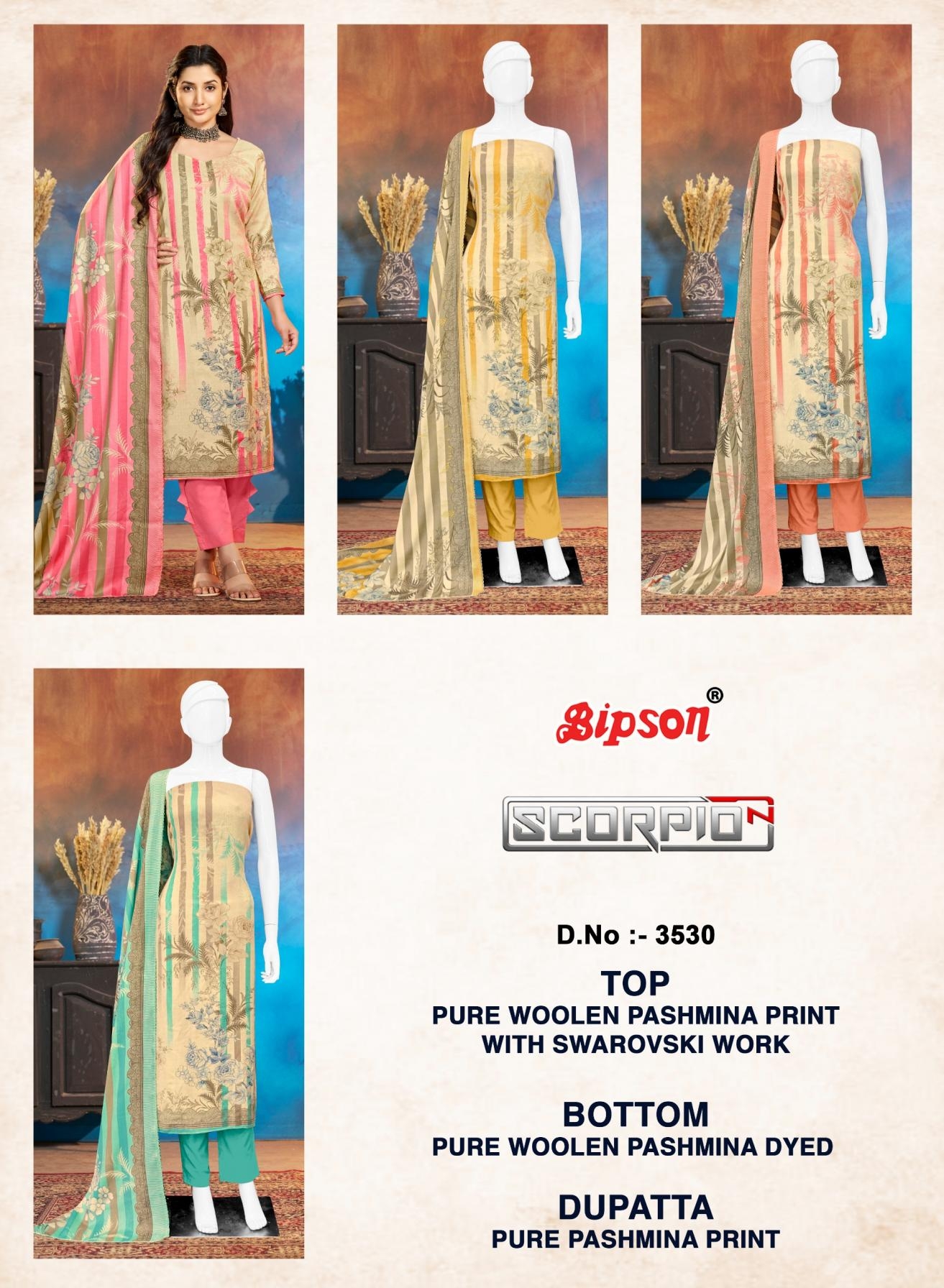 bipson prints scorpio 3530 woollen pashmina gorgeous look suits in wholesale surat