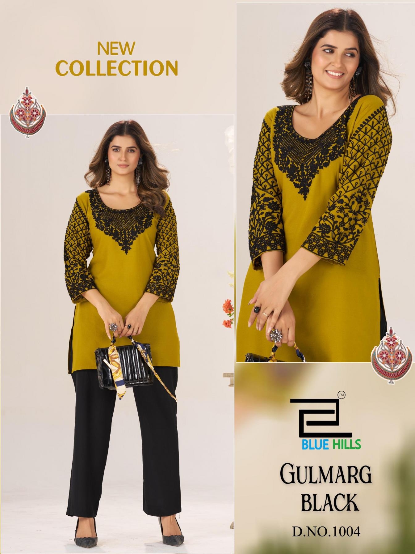 blue hills gulmarg series 1001 to 1004 black rayon readymade stylish big size short kurtis in wholesale surat