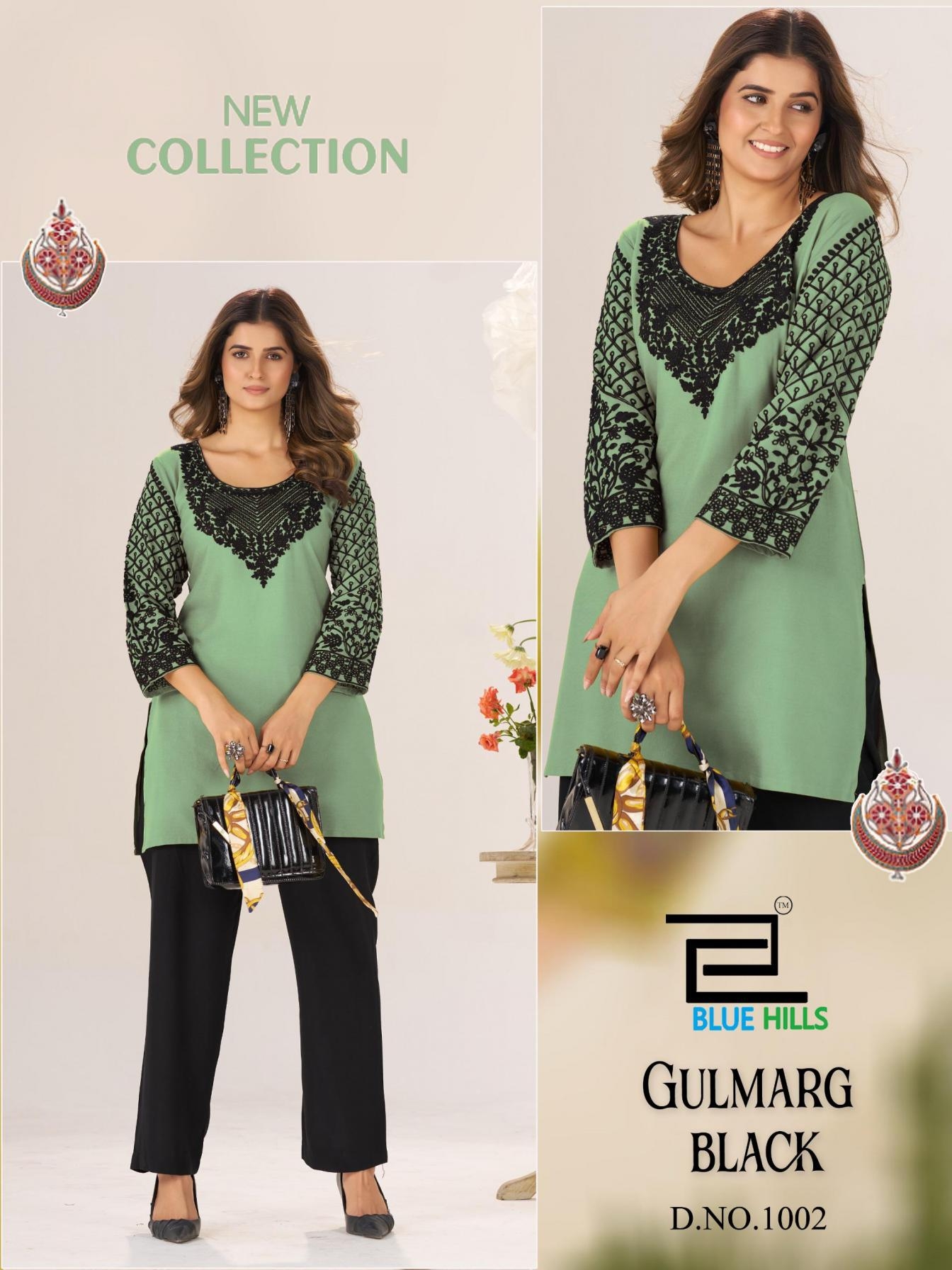 blue hills gulmarg series 1001 to 1004 black rayon readymade stylish big size short kurtis in wholesale surat