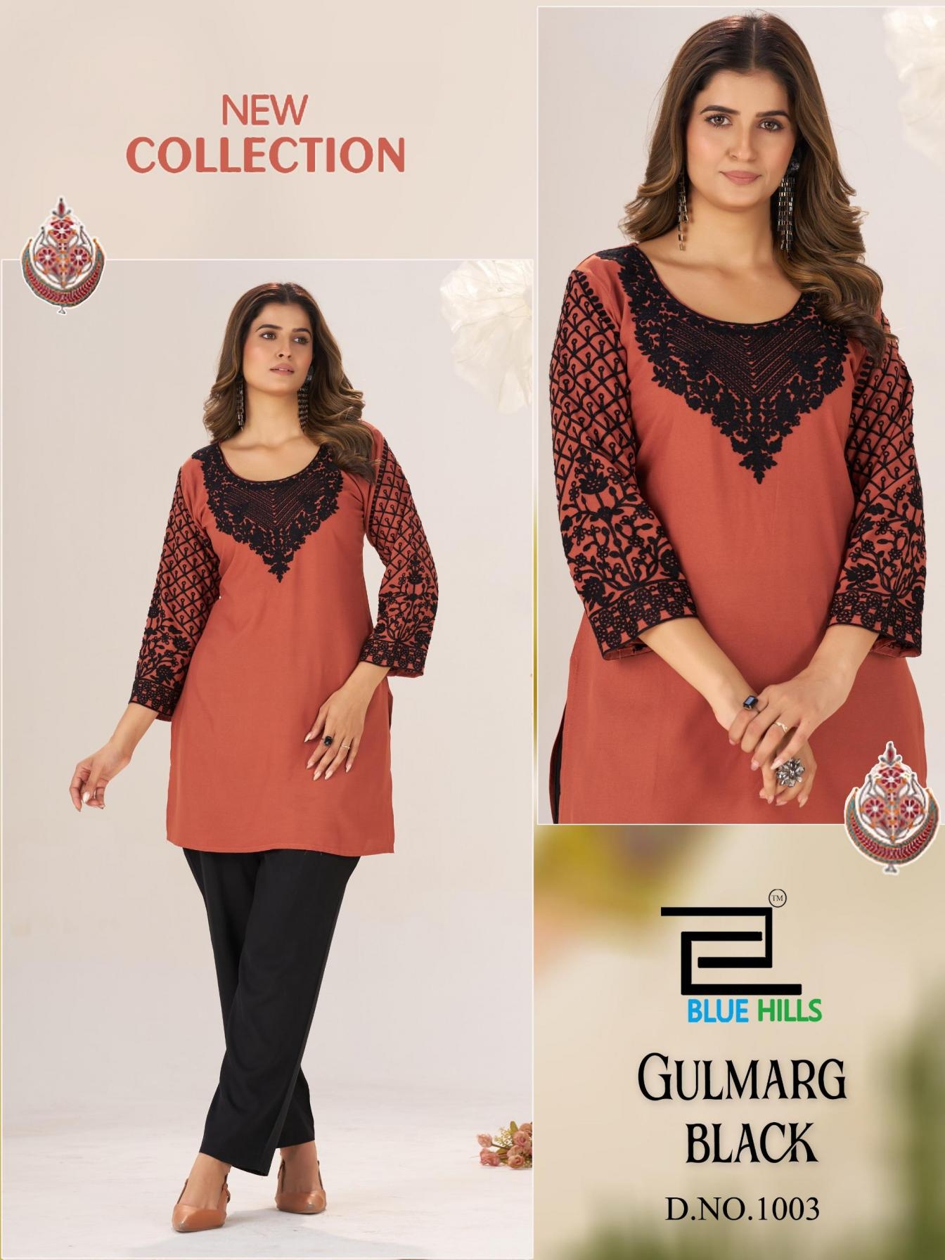 blue hills gulmarg series 1001 to 1004 black rayon readymade stylish big size short kurtis in wholesale surat
