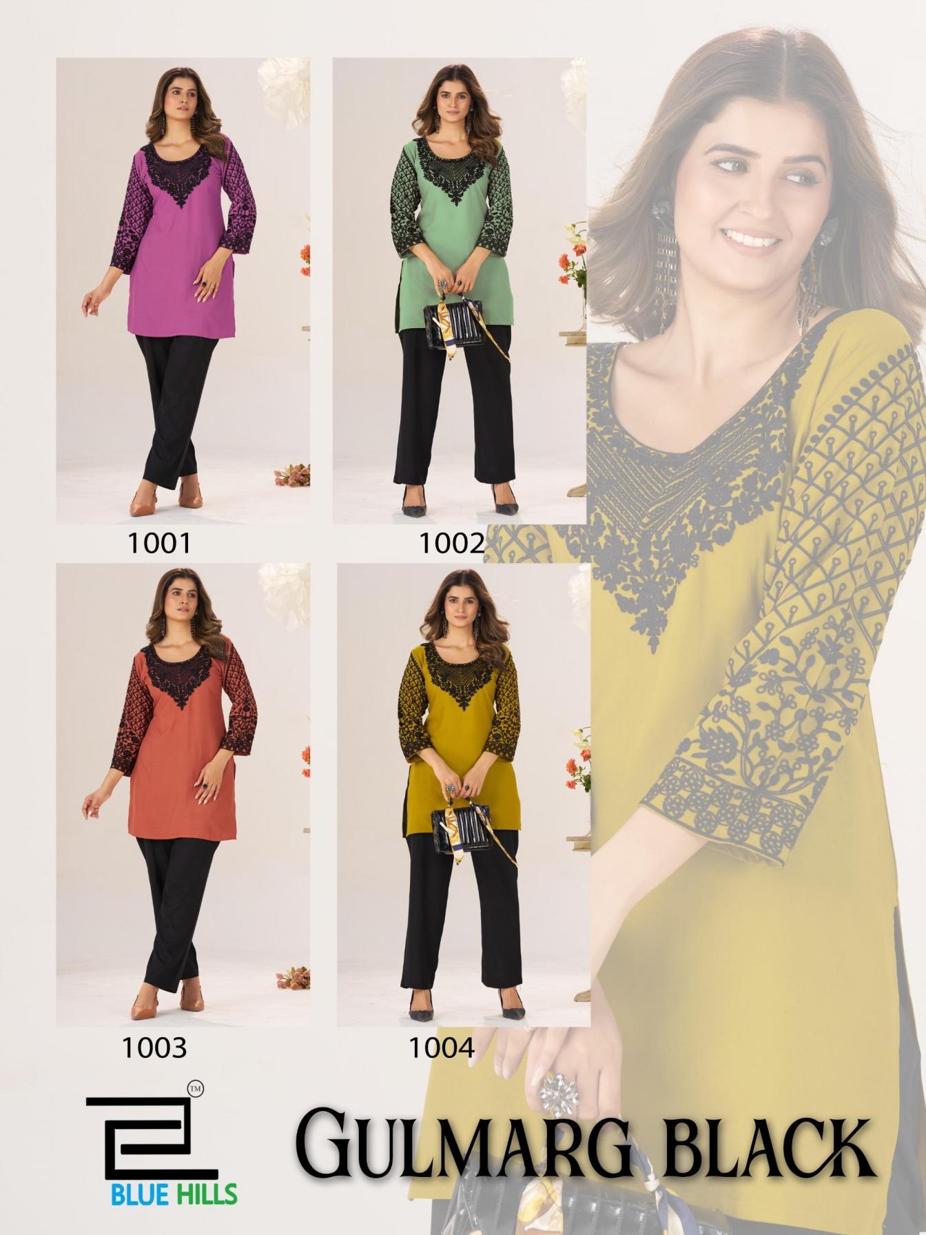 blue hills gulmarg series 1001 to 1004 black rayon readymade stylish big size short kurtis in wholesale surat