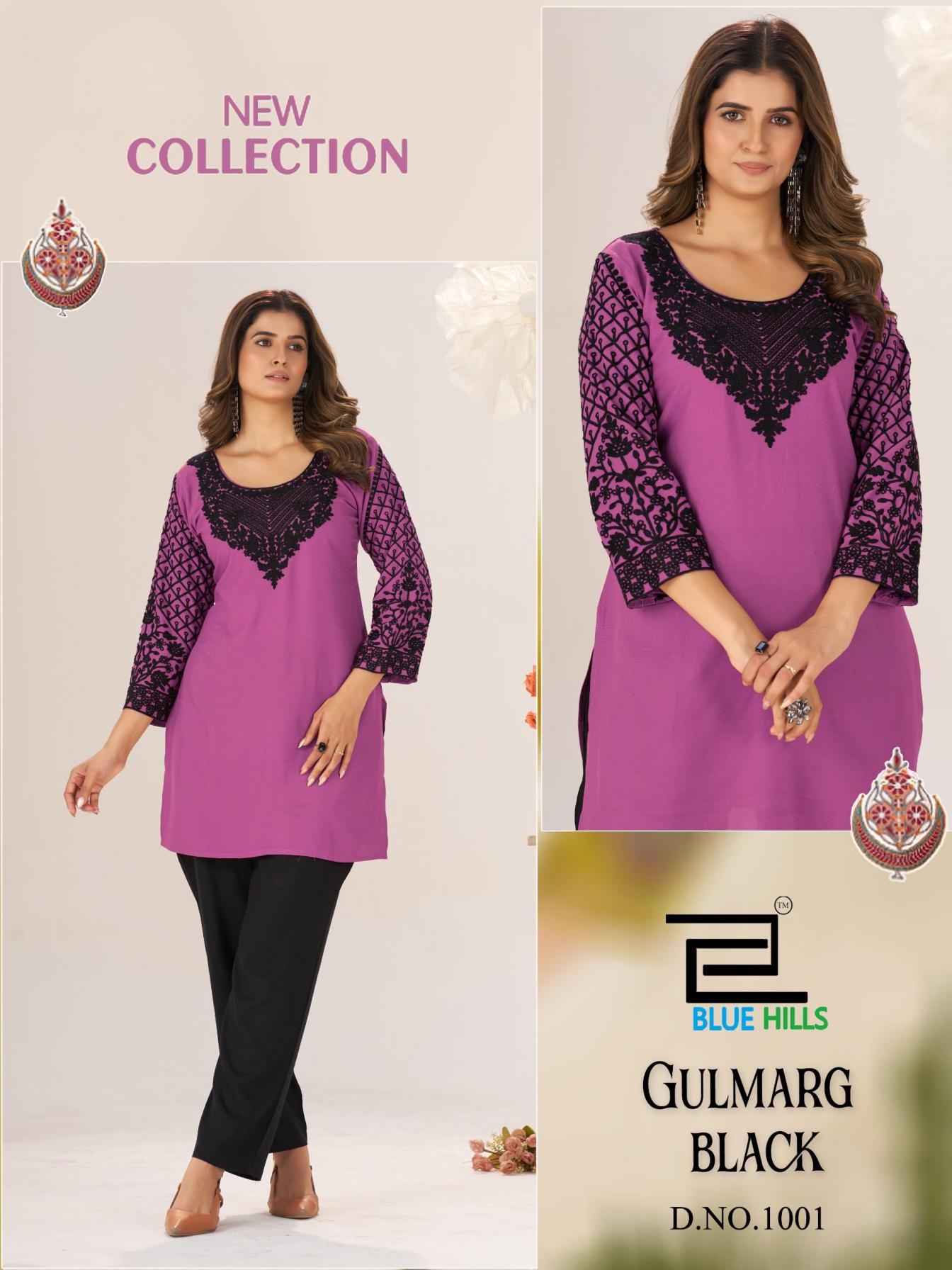 blue hills gulmarg series 1001 to 1004 black rayon readymade stylish big size short kurtis in wholesale surat