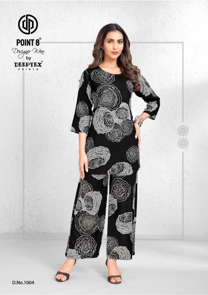 deeptex point 8 style up vol 1 series 1001 to 1008 rayon readymade plus size co-ord sets in wholesale surat