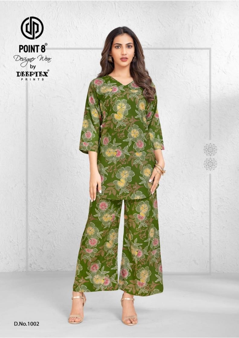 deeptex point 8 style up vol 1 series 1001 to 1008 rayon readymade plus size co-ord sets in wholesale surat