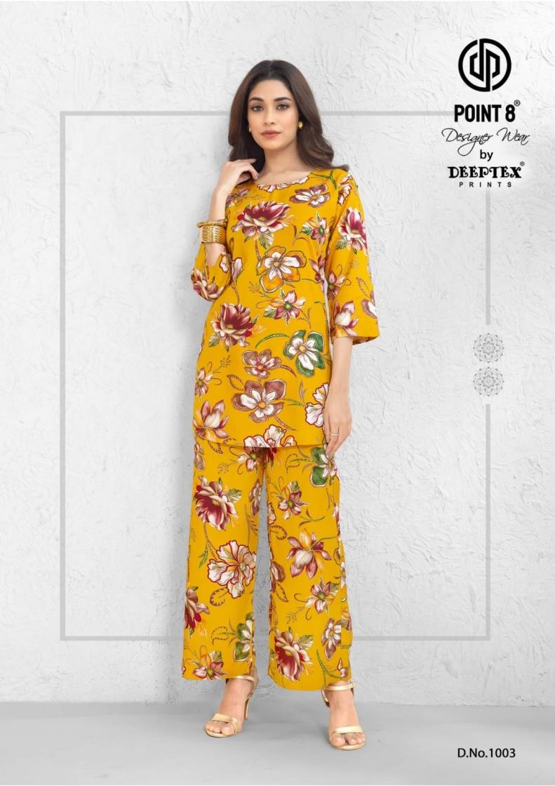 deeptex point 8 style up vol 1 series 1001 to 1008 rayon readymade plus size co-ord sets in wholesale surat