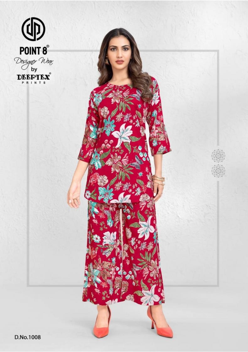 deeptex point 8 style up vol 1 series 1001 to 1008 rayon readymade plus size co-ord sets in wholesale surat