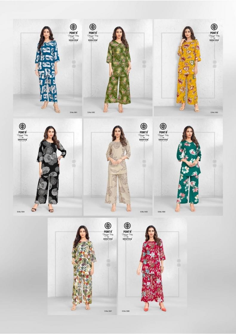 deeptex point 8 style up vol 1 series 1001 to 1008 rayon readymade plus size co-ord sets in wholesale surat