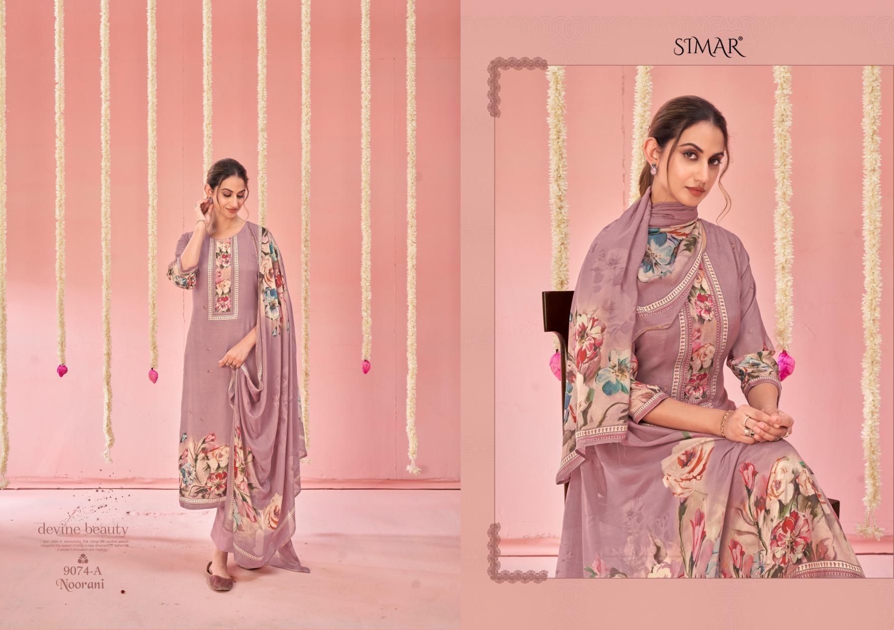 glossy simar noorani series 9074 A to 9074 D viscose muslin shop trendy salwar kameez in wholesale surat
