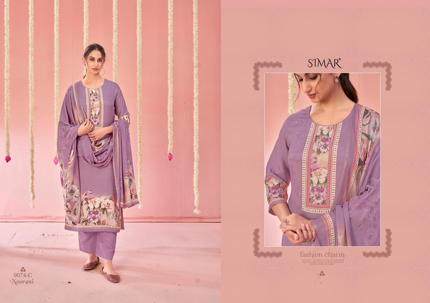 glossy simar noorani series 9074 A to 9074 D viscose muslin shop trendy salwar kameez in wholesale surat