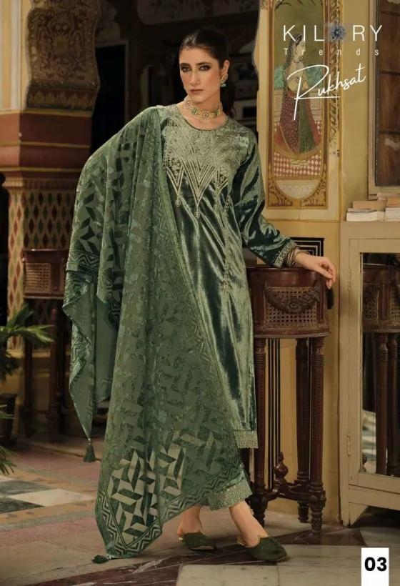 kilory trends rukhsat series 01 to 04 readymade big size velvet winter suit in wholesale surat