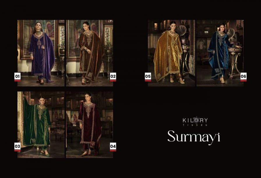 kilory trends surmayi series 01 to 06 velvet designer full stitch plus size suit in wholesale surat