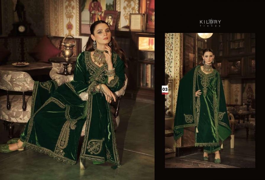 kilory trends surmayi series 01 to 06 velvet designer full stitch plus size suit in wholesale surat