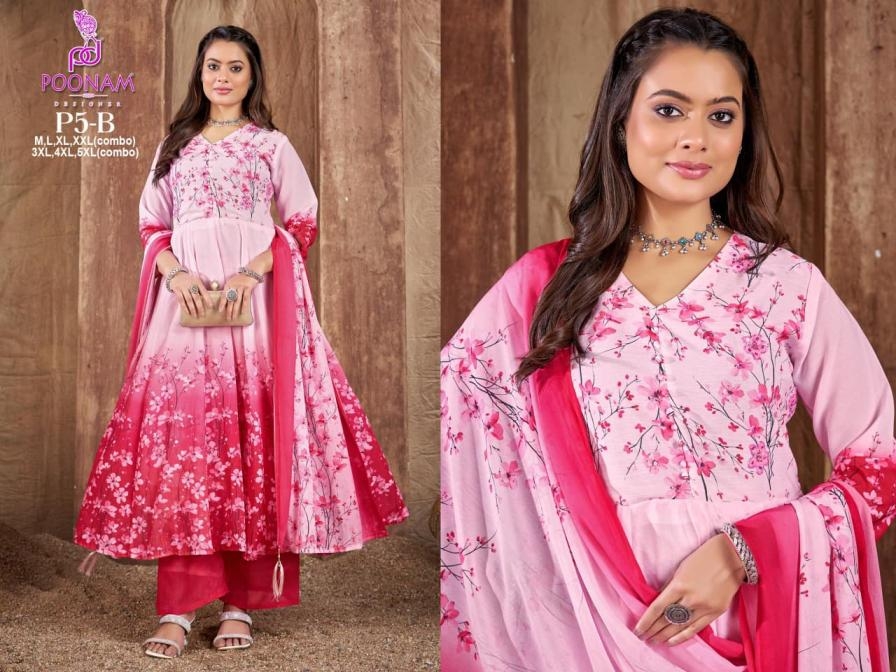 poonam designer p5 georgette anarkali gown style readymade big size combo suit in wholesale surat