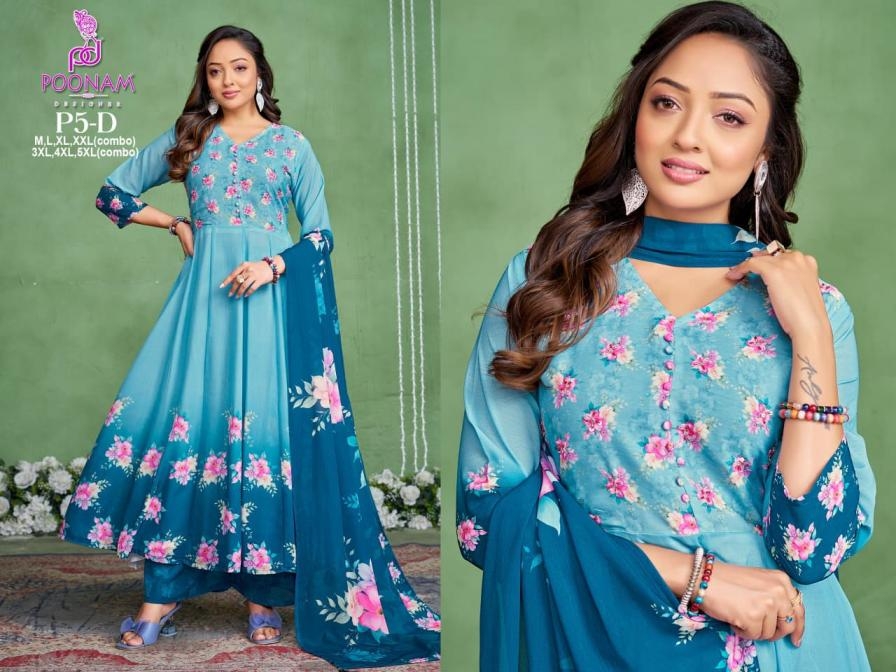 poonam designer p5 georgette anarkali gown style readymade big size combo suit in wholesale surat