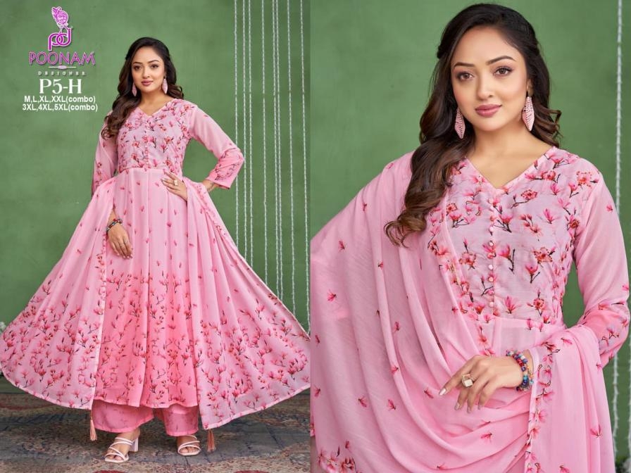 poonam designer p5 georgette anarkali gown style readymade big size combo suit in wholesale surat
