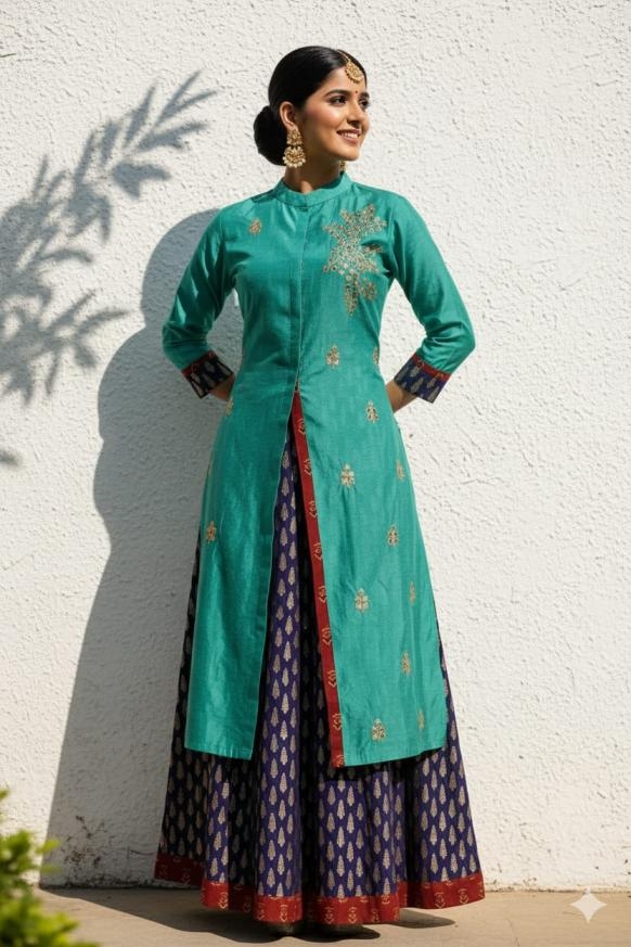 pr desi girl attractive look art or raw silk readymade big size kurti with skirt in wholesale surat