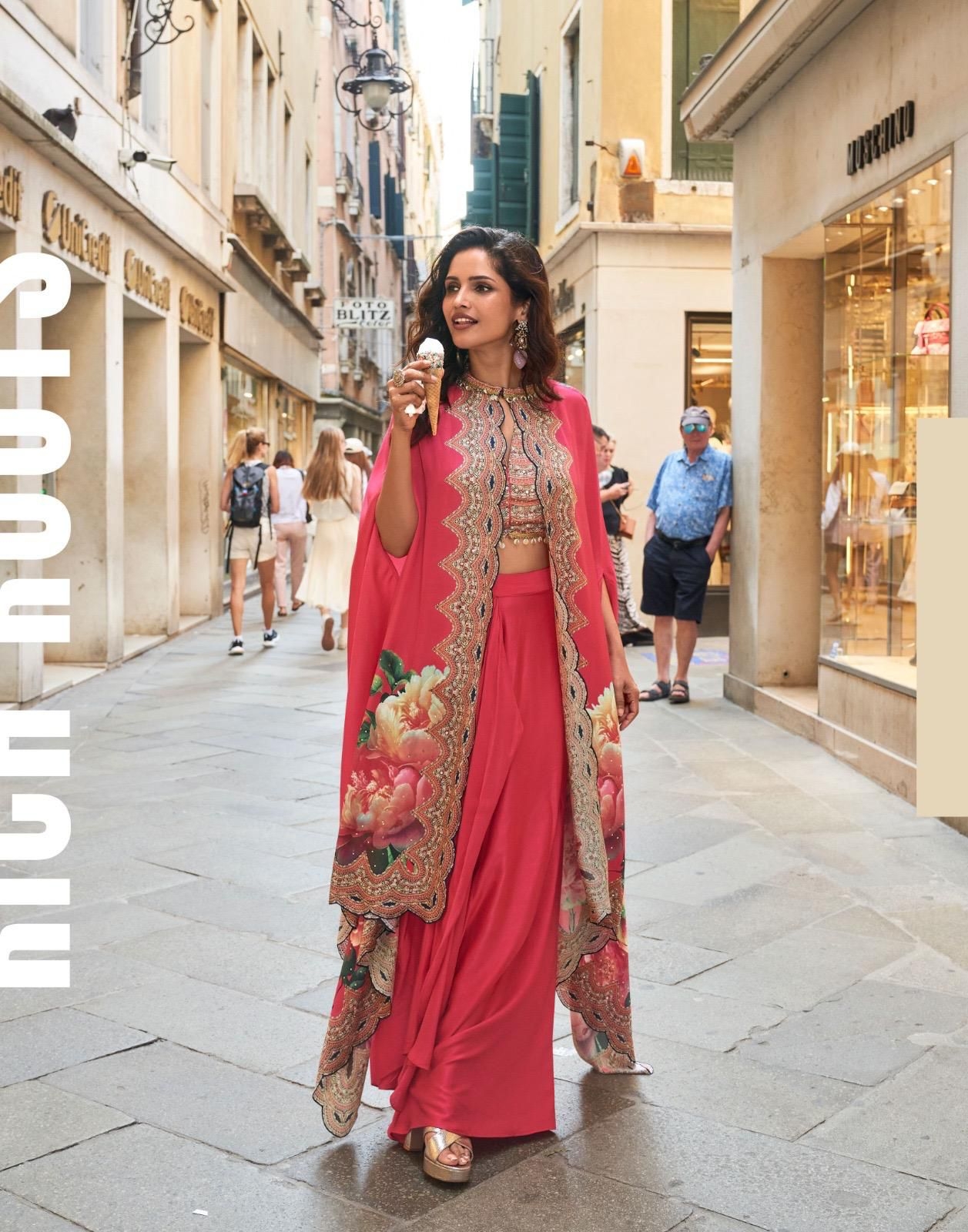 SAYURI DESIGNER FLORANCE SERIES 10105 TO 10108 PREMIUM REAL FRENCH CREP SILK JACKET WITH HAND WORK BLOUSE AND STYLIST DHOTI IN WHOLESALE SURAT