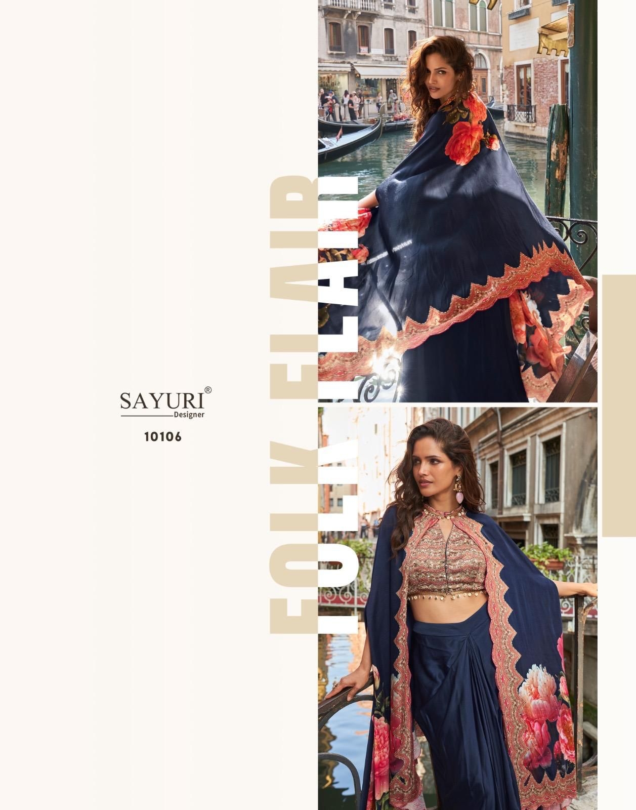 SAYURI DESIGNER FLORANCE SERIES 10105 TO 10108 PREMIUM REAL FRENCH CREP SILK JACKET WITH HAND WORK BLOUSE AND STYLIST DHOTI IN WHOLESALE SURAT