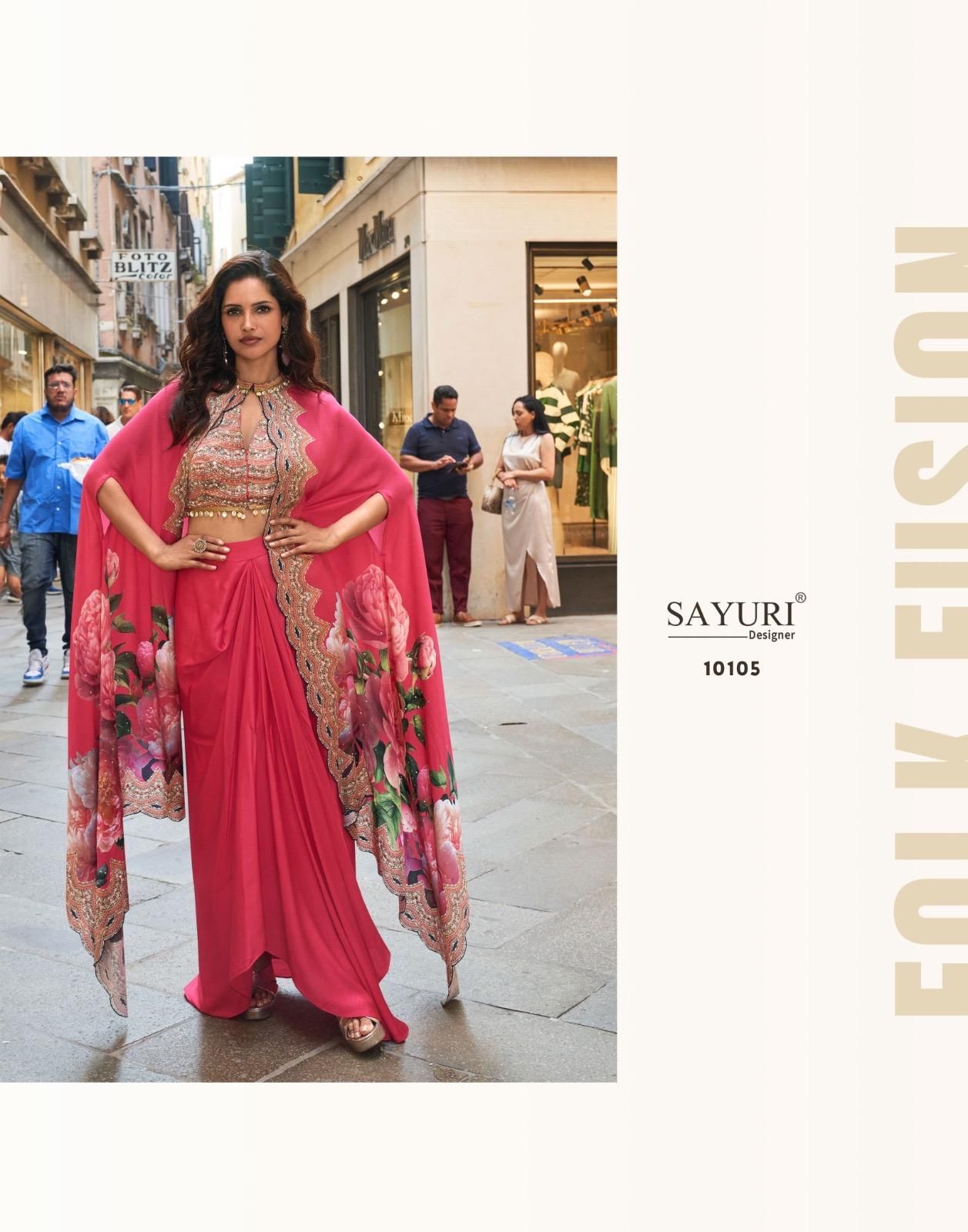 SAYURI DESIGNER FLORANCE SERIES 10105 TO 10108 PREMIUM REAL FRENCH CREP SILK JACKET WITH HAND WORK BLOUSE AND STYLIST DHOTI IN WHOLESALE SURAT