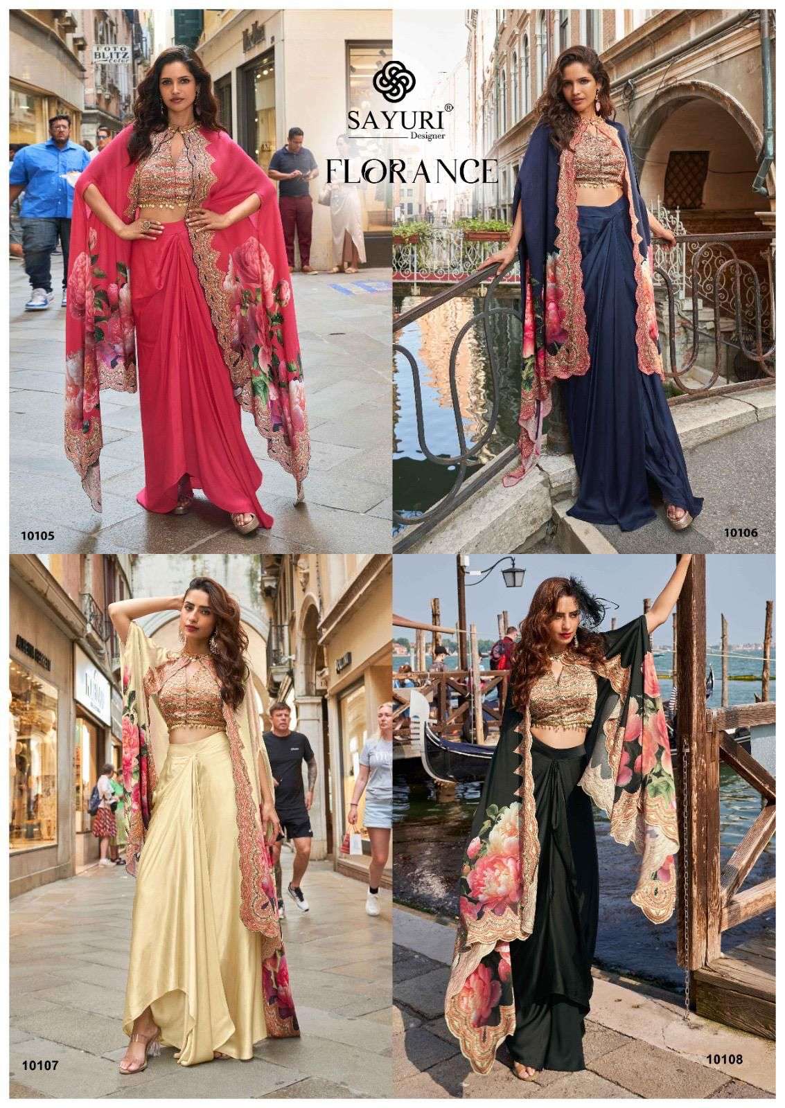 SAYURI DESIGNER FLORANCE SERIES 10105 TO 10108 PREMIUM REAL FRENCH CREP SILK JACKET WITH HAND WORK BLOUSE AND STYLIST DHOTI IN WHOLESALE SURAT