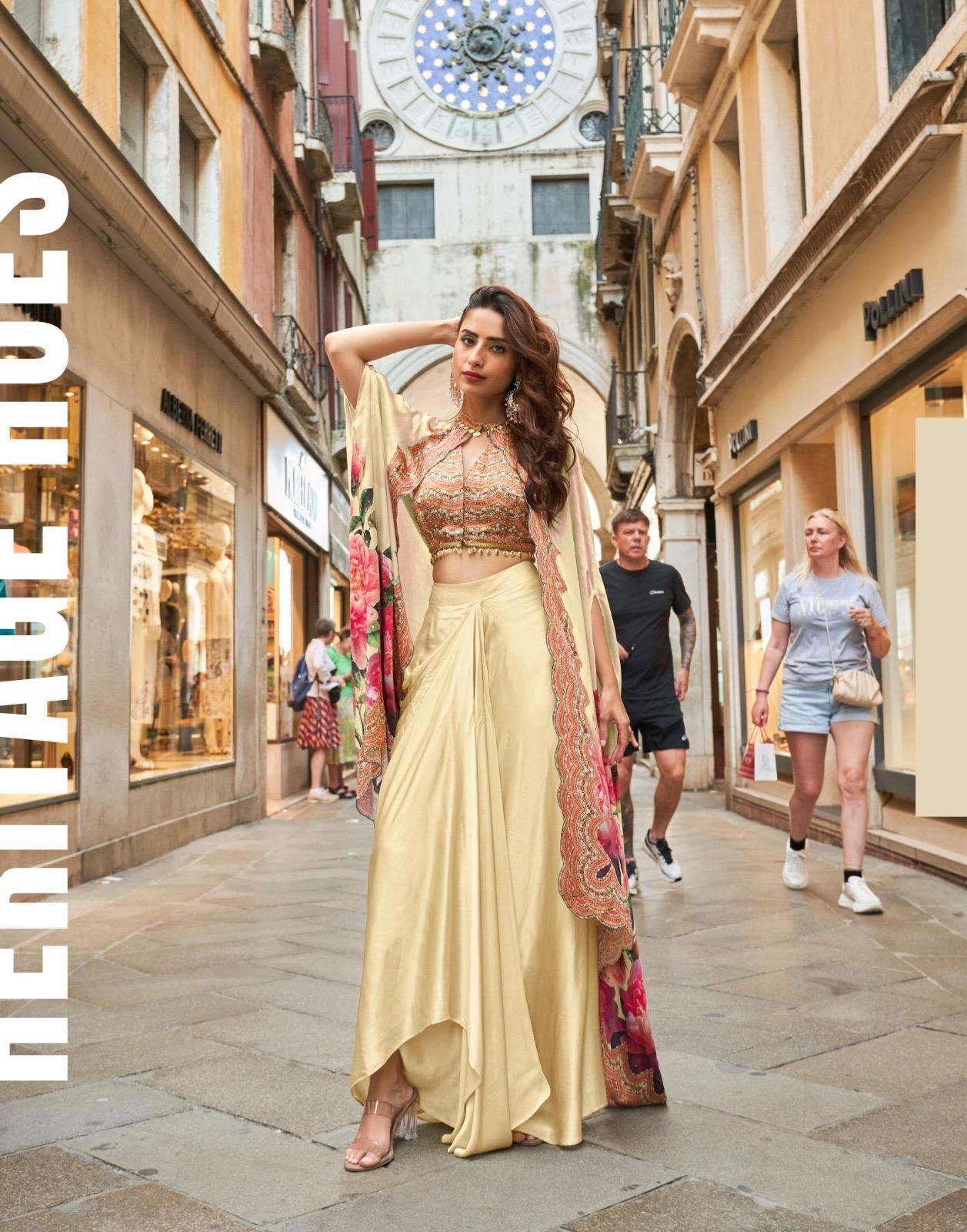 SAYURI DESIGNER FLORANCE SERIES 10105 TO 10108 PREMIUM REAL FRENCH CREP SILK JACKET WITH HAND WORK BLOUSE AND STYLIST DHOTI IN WHOLESALE SURAT