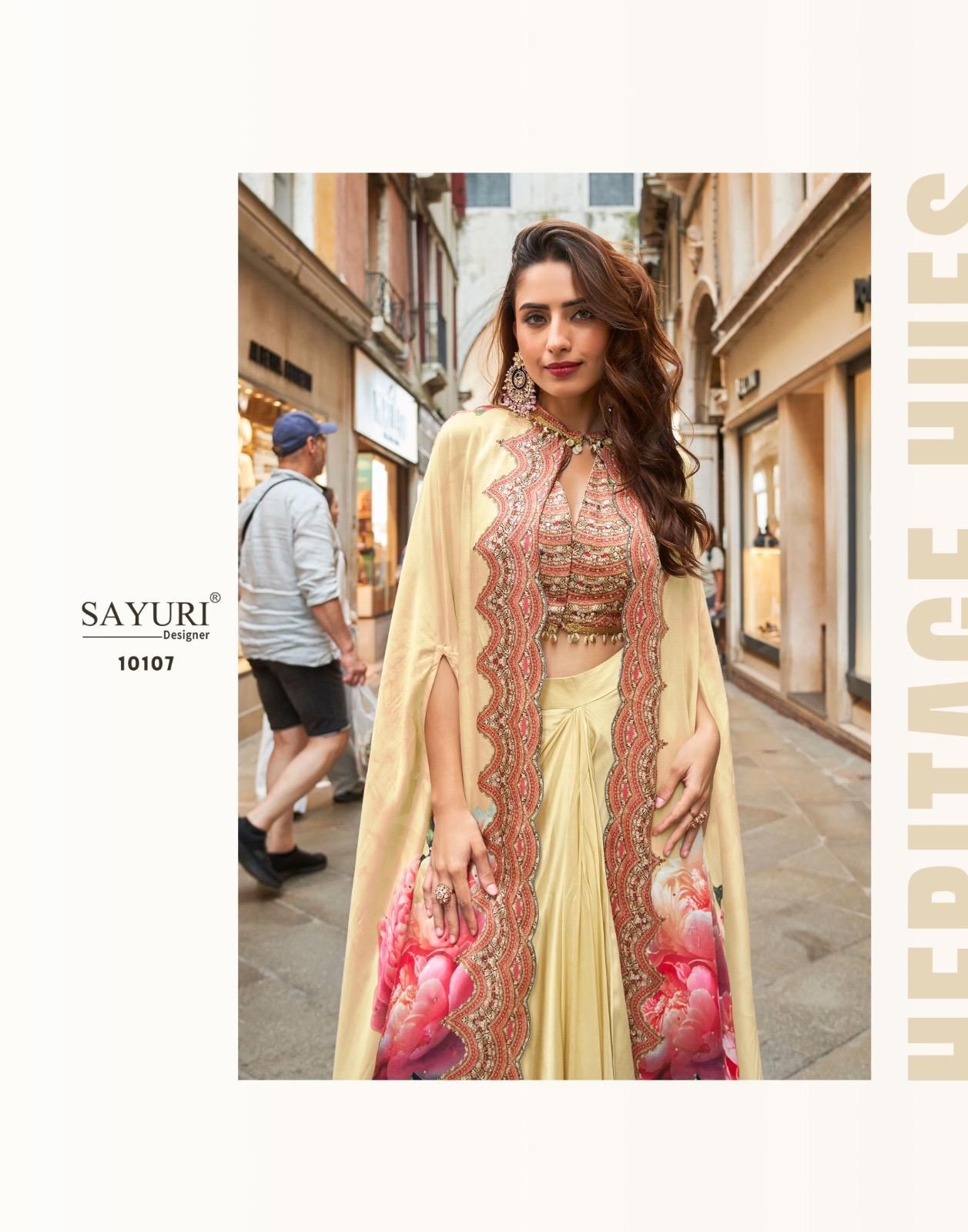 SAYURI DESIGNER FLORANCE SERIES 10105 TO 10108 PREMIUM REAL FRENCH CREP SILK JACKET WITH HAND WORK BLOUSE AND STYLIST DHOTI IN WHOLESALE SURAT