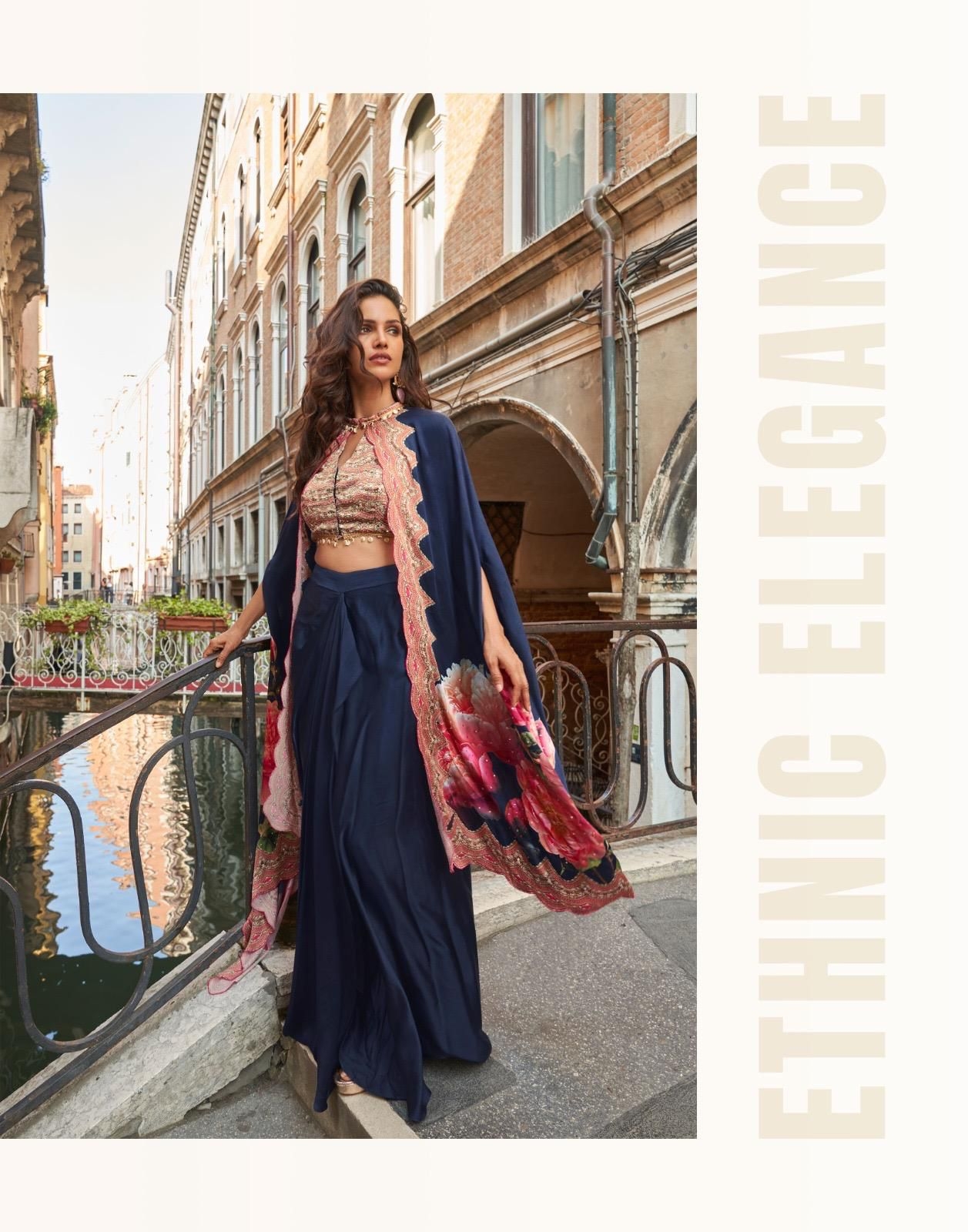 SAYURI DESIGNER FLORANCE SERIES 10105 TO 10108 PREMIUM REAL FRENCH CREP SILK JACKET WITH HAND WORK BLOUSE AND STYLIST DHOTI IN WHOLESALE SURAT