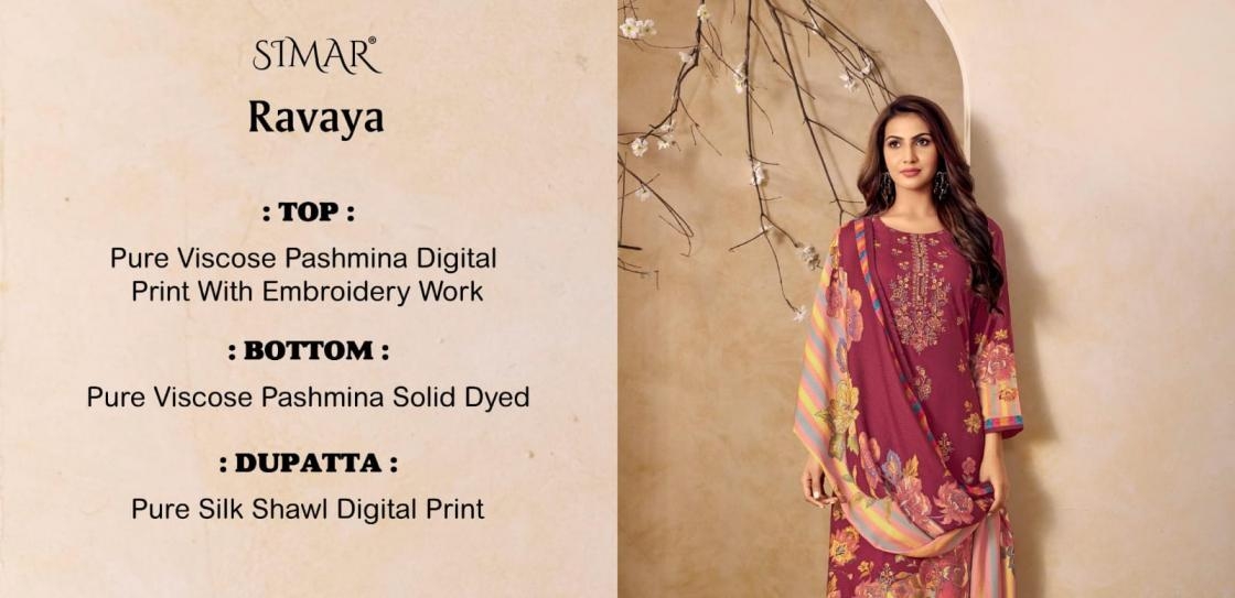 glossy simar ravaya 5113 series 5113 A to 5113 D colors viscose pashmina winter suit collection in wholesale surat