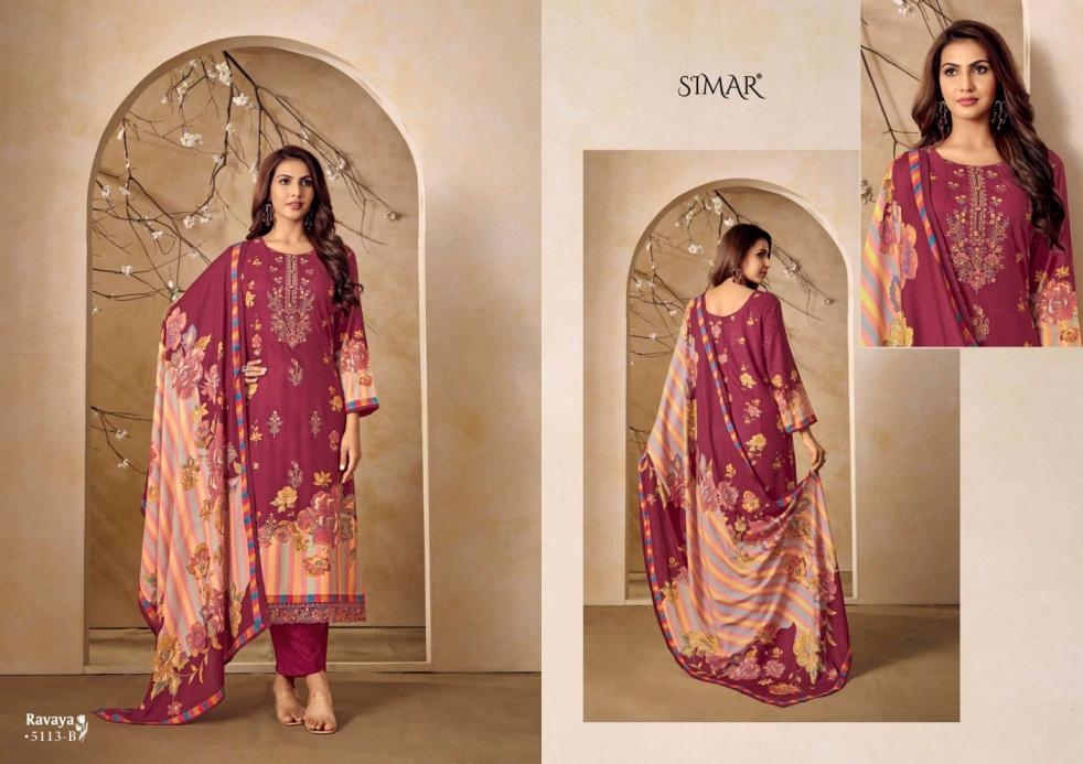 glossy simar ravaya 5113 series 5113 A to 5113 D colors viscose pashmina winter suit collection in wholesale surat