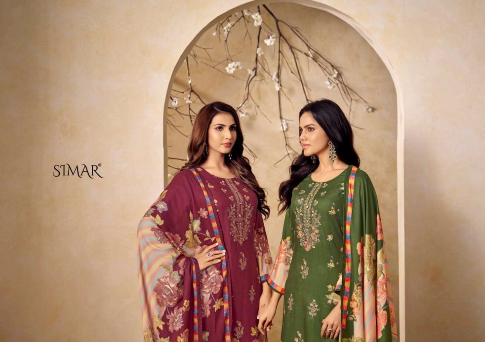 glossy simar ravaya 5113 series 5113 A to 5113 D colors viscose pashmina winter suit collection in wholesale surat