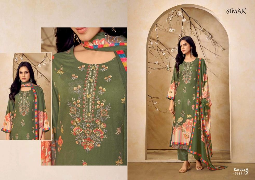 glossy simar ravaya 5113 series 5113 A to 5113 D colors viscose pashmina winter suit collection in wholesale surat