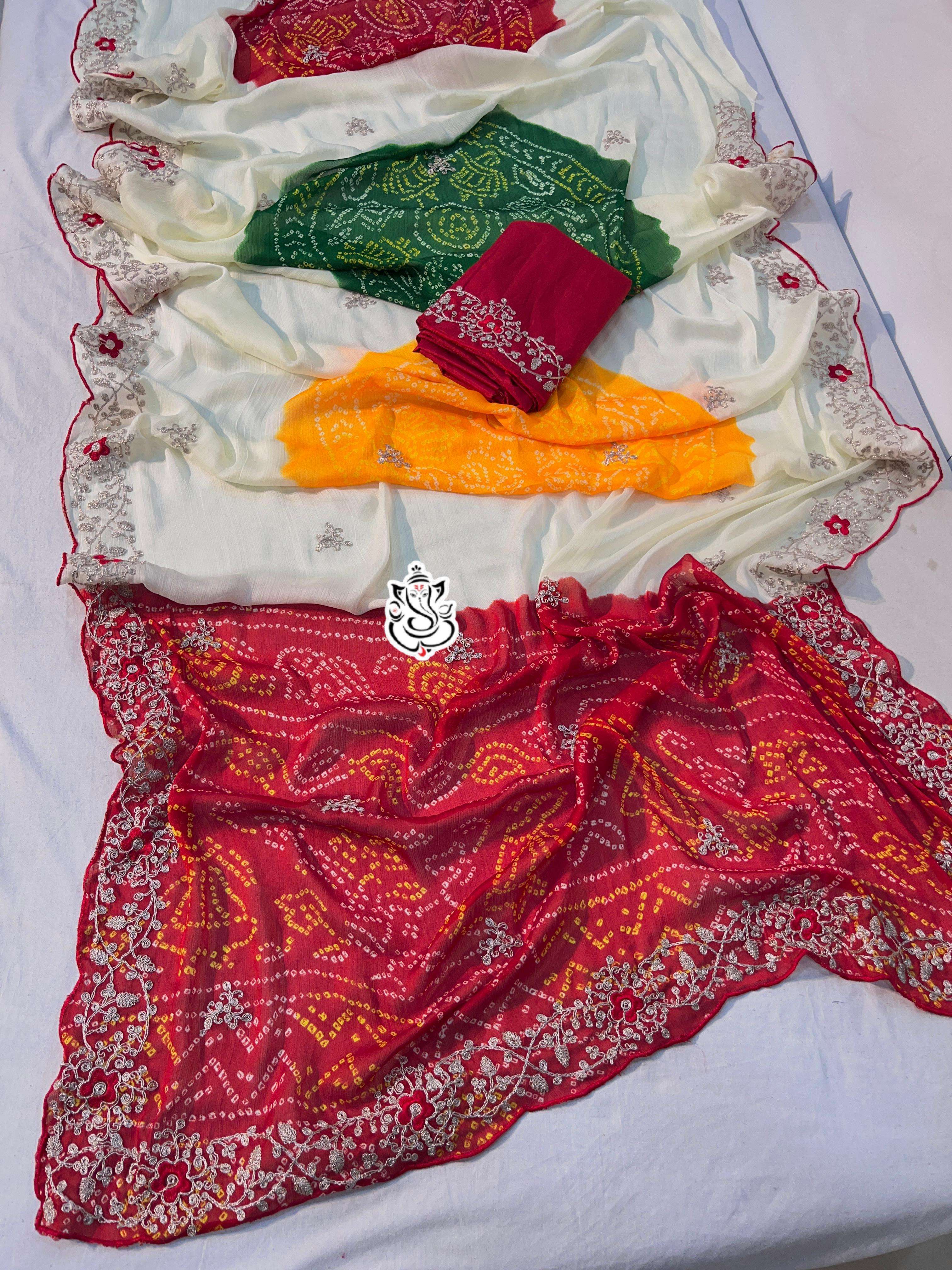 MS BRAND Premium chinon moss high Quality with Bandhani Print multiple colors Saree in wholesale surat