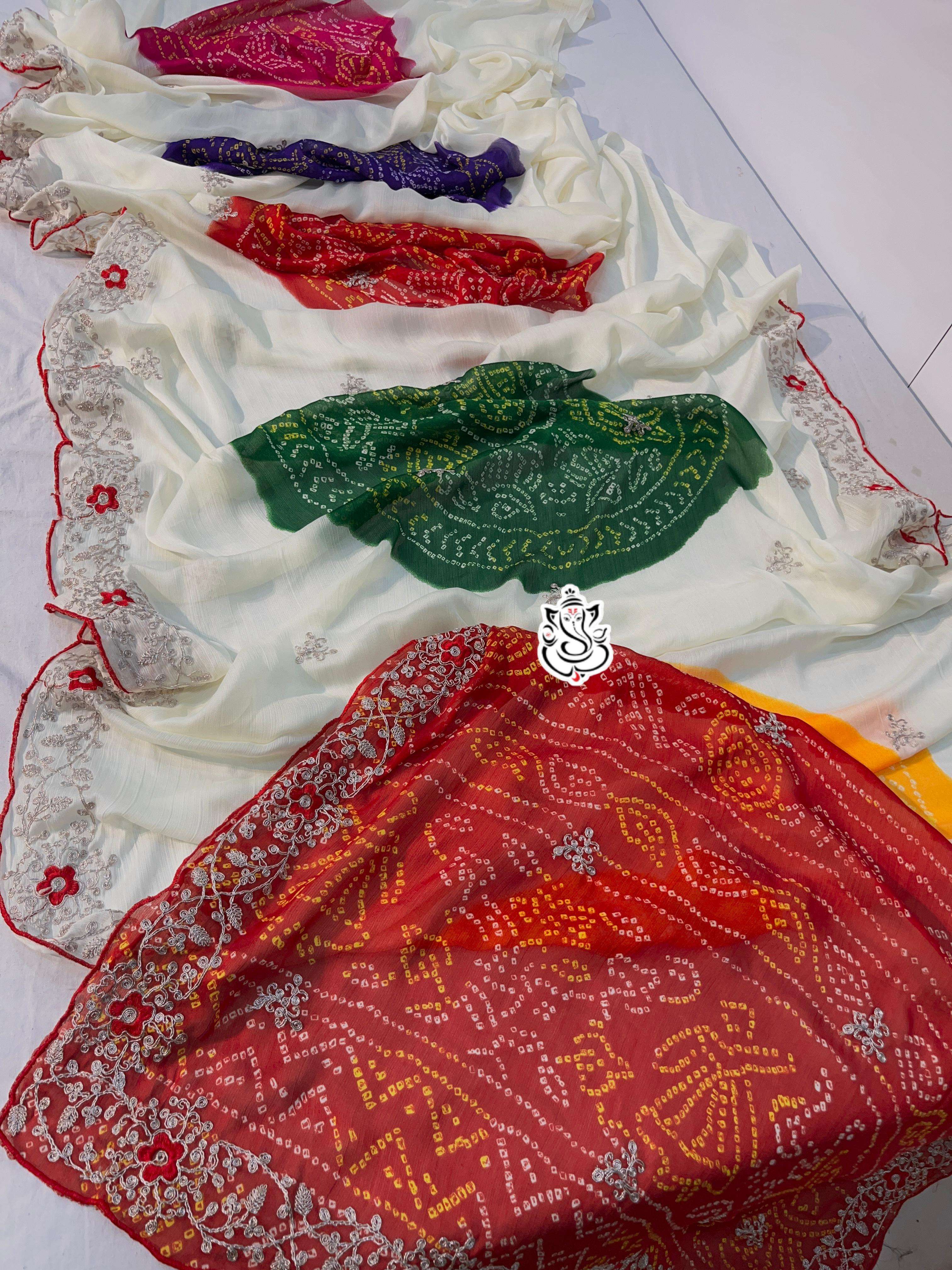 MS BRAND Premium chinon moss high Quality with Bandhani Print multiple colors Saree in wholesale surat