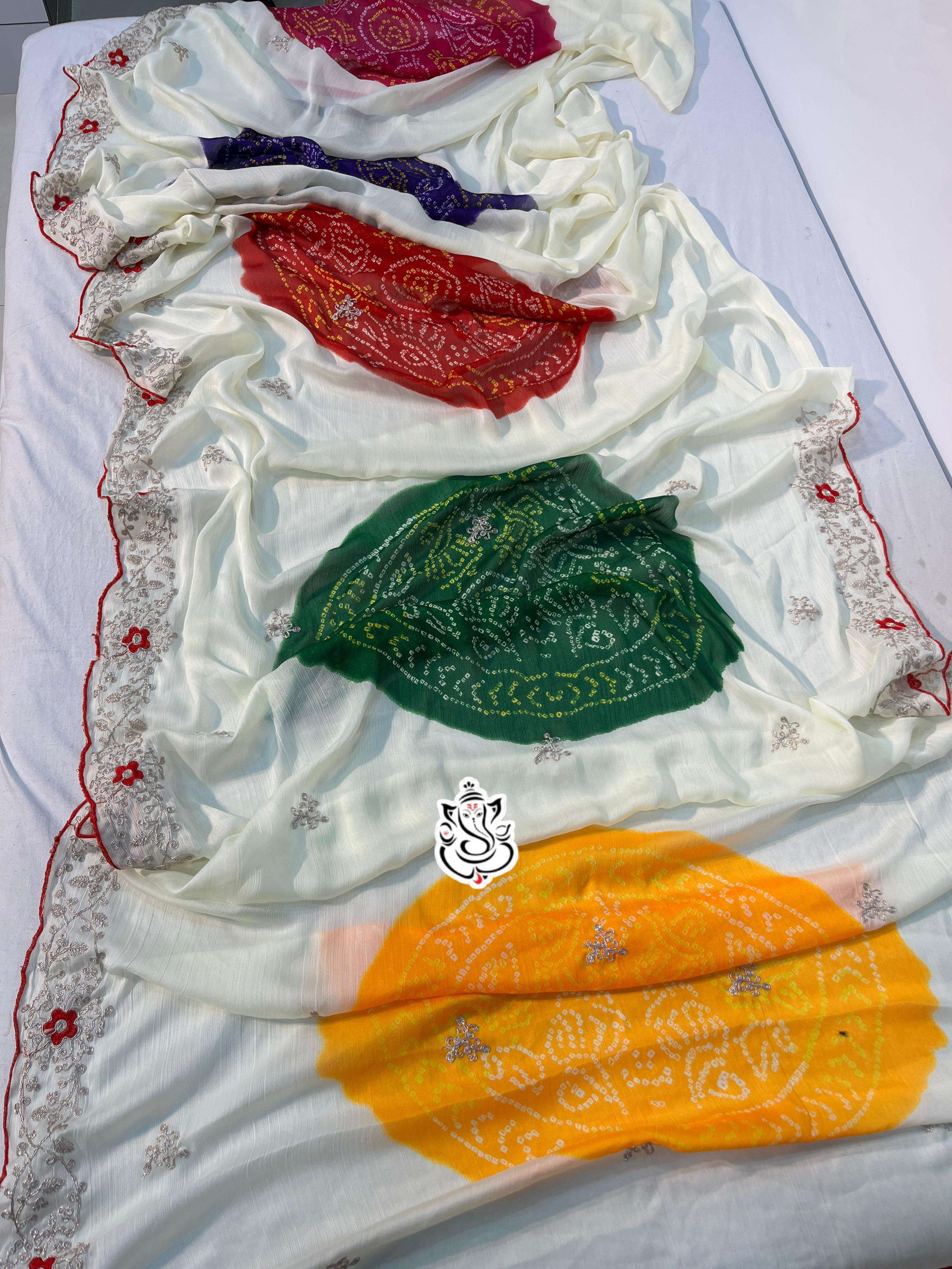 MS BRAND Premium chinon moss high Quality with Bandhani Print multiple colors Saree in wholesale surat