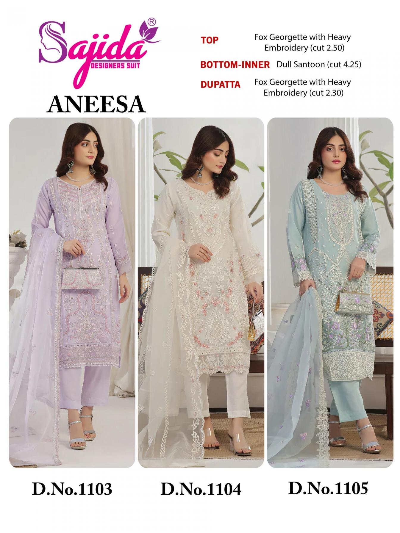 sajida designer aneesa series 1103 to 1105 georgette readymade big size pakistani suits in wholesale surat
