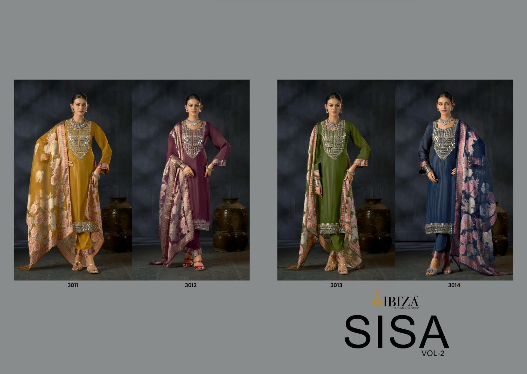 ibiza sisa vol 2 series 3011-3014 glass organza mirror work wholesale suit