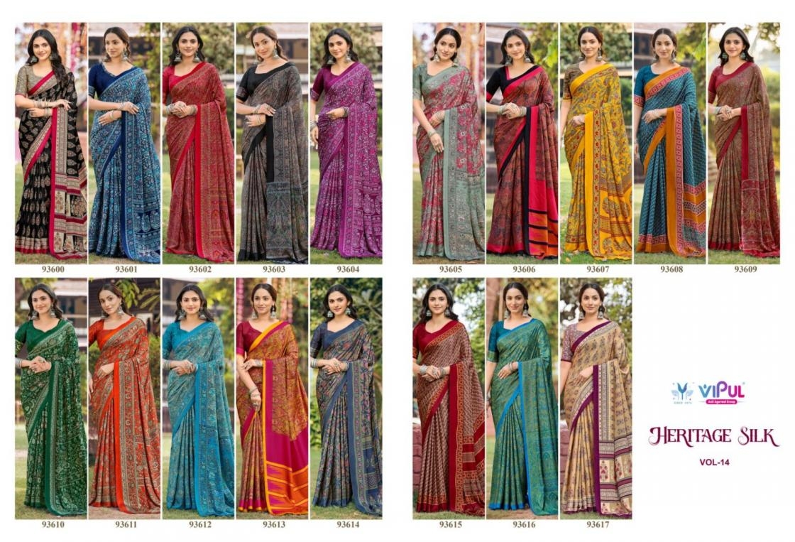 vipul heritage silk vol 14 series 93600-93617 crape printed saree