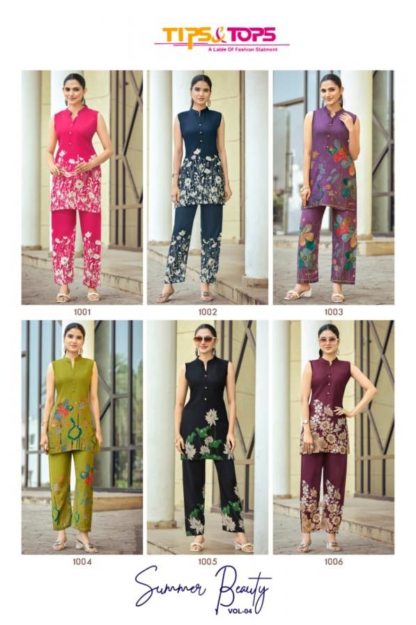 tips & tops summer beauty vol 4 series 1001 to 1006 rayon fully stitch co-ord sets in wholesale surat